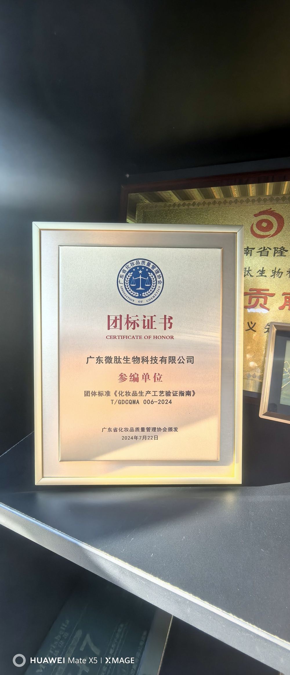 《化妆品生产工艺验证指南》团体标准参编单位证书